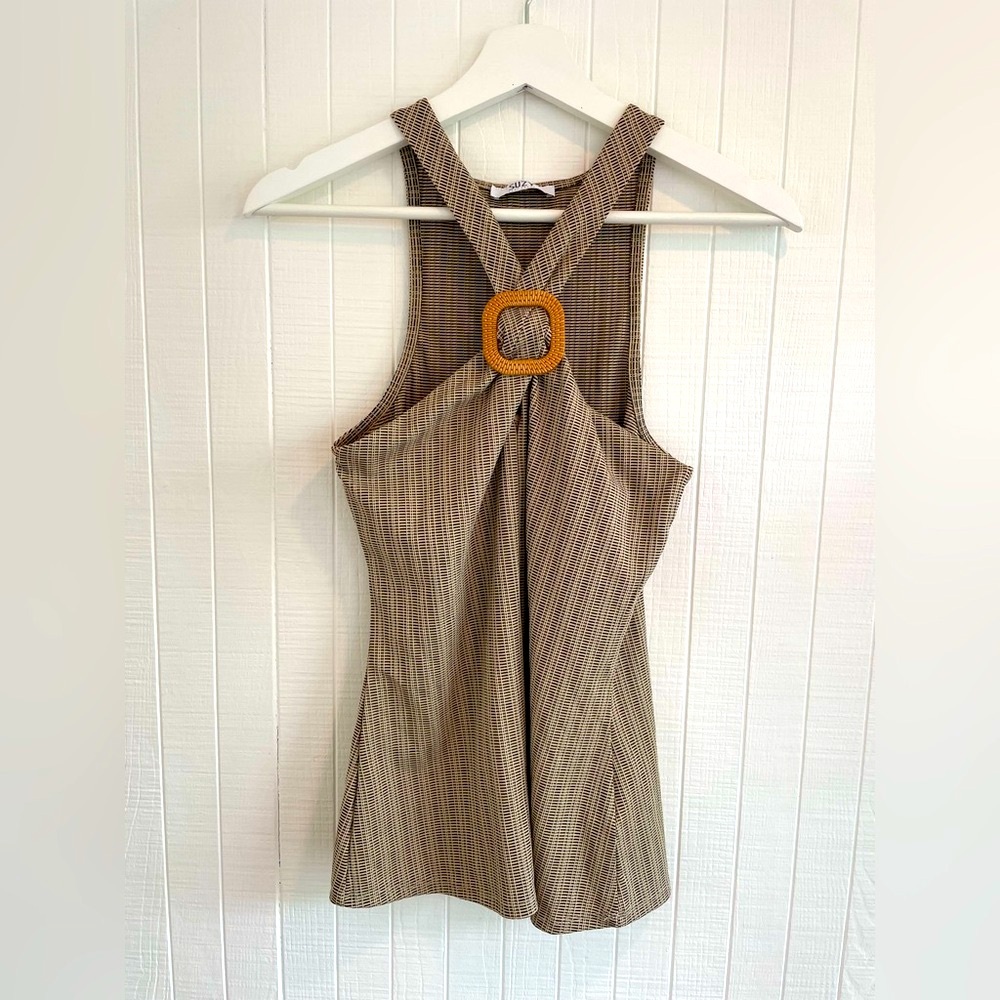 Beige Black Y2K Halter Top with Boho Buckle Detail
